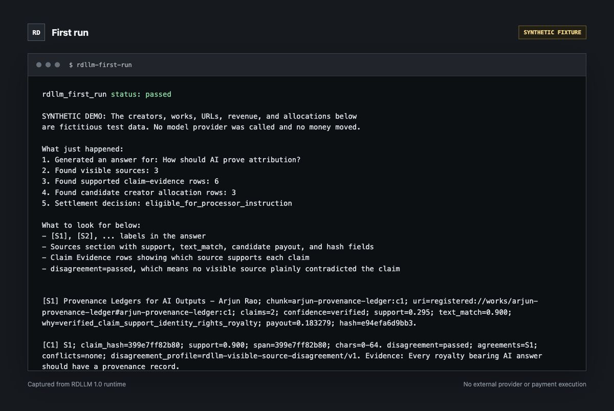 RDLLM first-run terminal showing an answer, source footer, claim evidence, and allocation rows